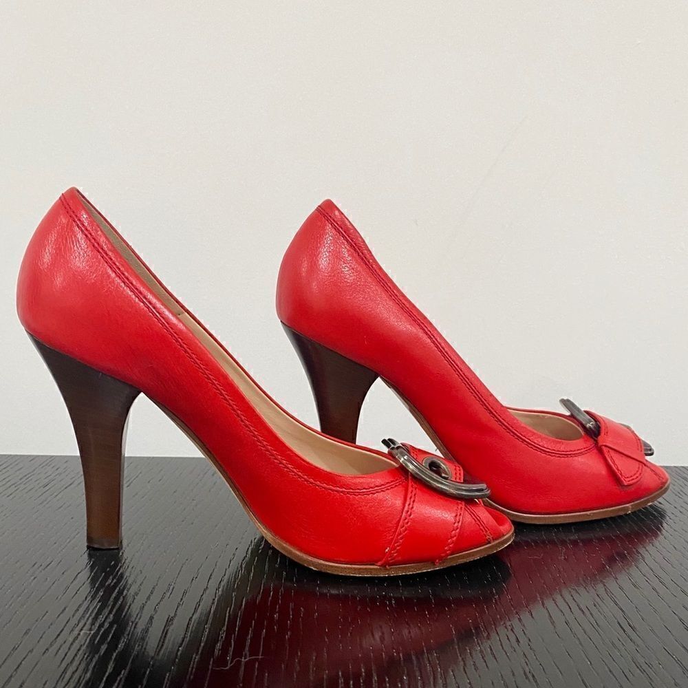 FENDI Red Buckle Peep Toe Pumps Stacked Heel